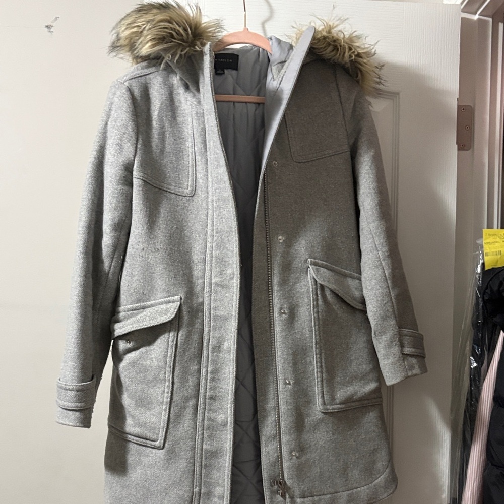 Ann Taylor Light Gray Puffer Coat with Faux Fur Hood